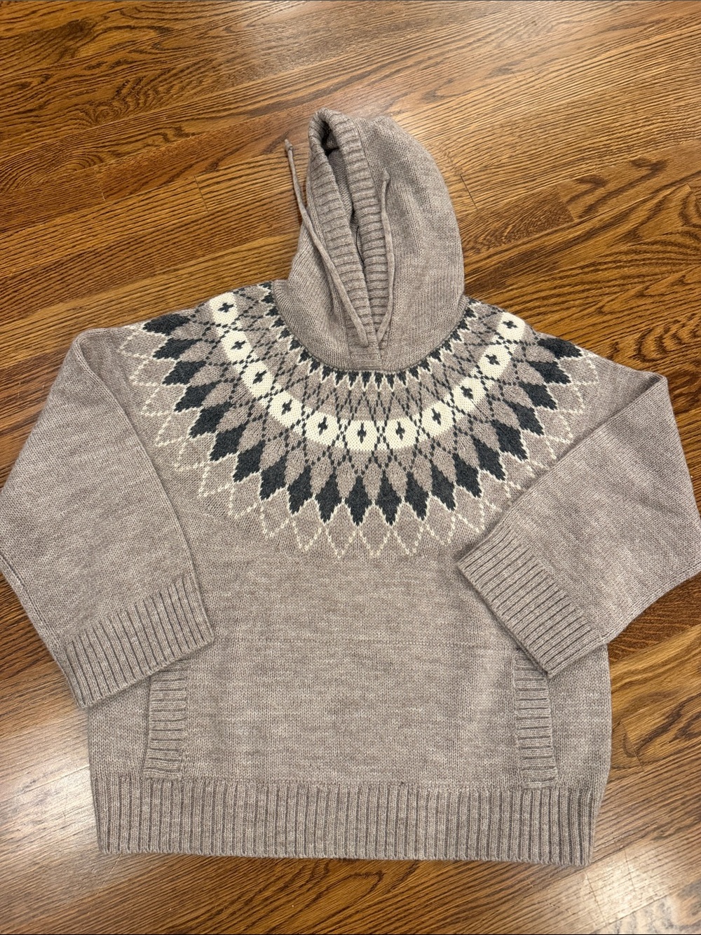 360 Sweater Women's Hooded Fair Isle Crewneck - Taupe with Cream and Charcoal